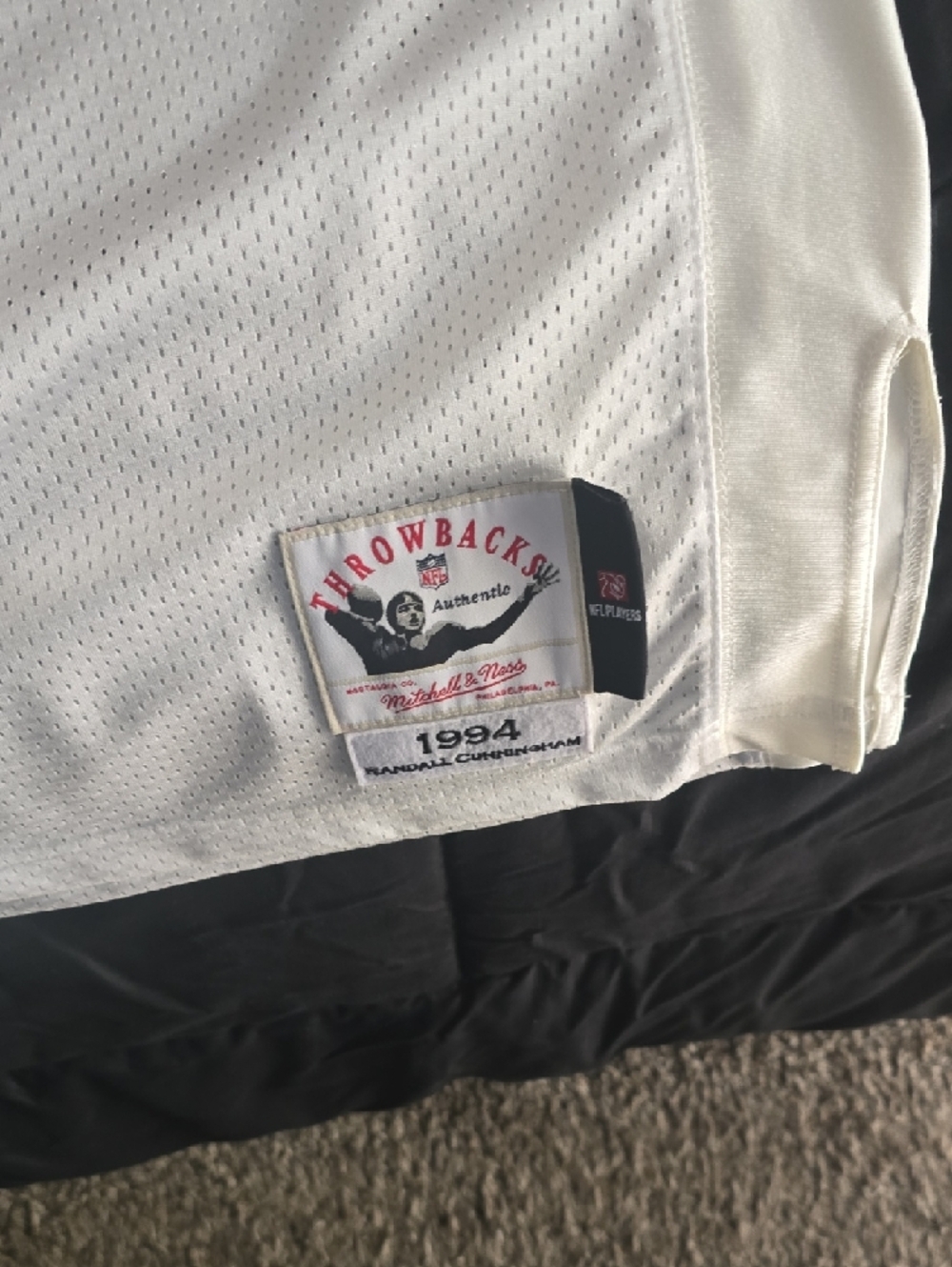 Mitchell & Ness White Mesh Jersey with Green 12 and NFL 75th Patch - Picture 4 of 5
